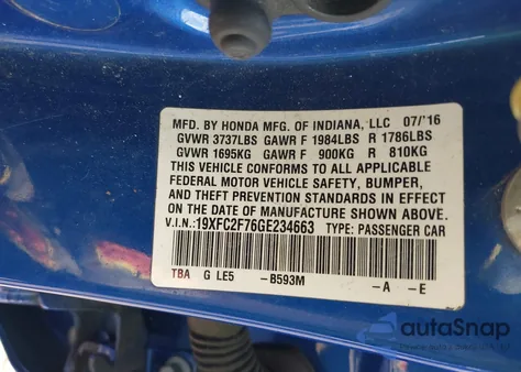 2016 Honda Civic Ex z USA, uszkodzony, nr VIN 19XFC2F76GE234663